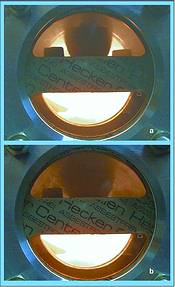 Figure 3. Visualisation of cavitation (a) and flashing (b) with flow coming from below